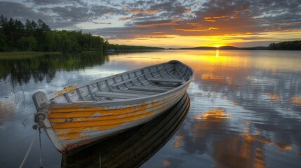 A boat is tied to a dock on the water at sunset, AI