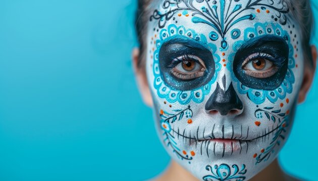 Day of the dead skeleton face painting background with spacious area for text placement