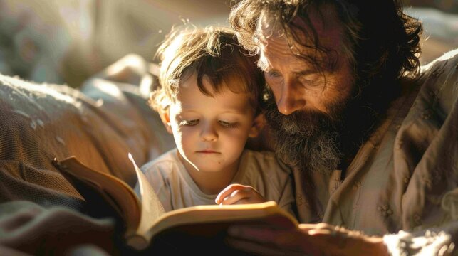 Reading stories about Saint Joseph to children at bedtime, emphasizing virtues of kindness and protection