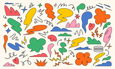 Set of hand drawn abstract funky shapes, clouds, speech bubble, arrows, sparkles. Vivid colourful design elements in flat style. - 763623527