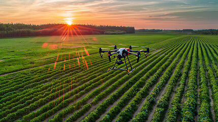 A drone flying above lush green fields during sunset. Agriculture technology concept - Powered by Adobe
