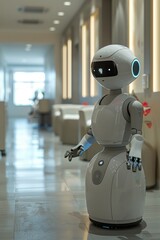 A conceptual AI health advisor robot assisting patients in a clinic with a friendly design in a minimal