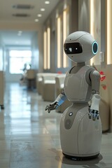 Obraz premium A conceptual AI health advisor robot assisting patients in a clinic with a friendly design in a minimal