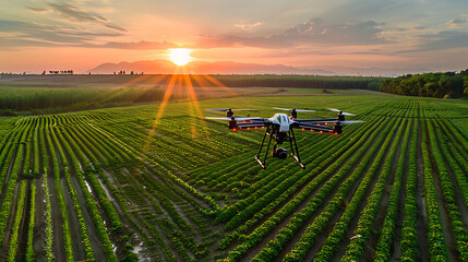 A drone flying above lush green fields during sunset. Agriculture technology concept