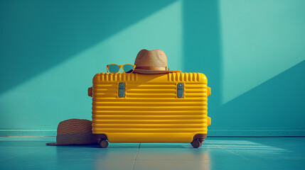 A sleek suitcase, paired with trendy sunglasses and a stylish hat. Perfect for globetrotters aiming to make a statement while jet-setting around the world. - obrazy, fototapety, plakaty