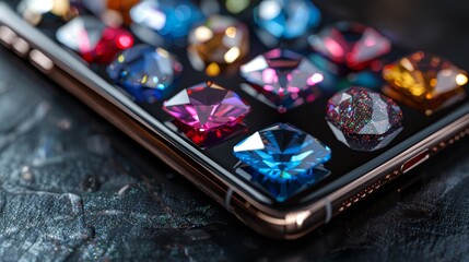 A gaming phone each app icon turning into a gemstone