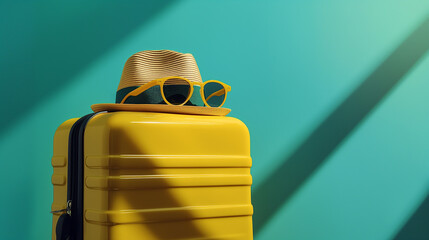 A sleek suitcase, paired with trendy sunglasses and a stylish hat. Perfect for globetrotters aiming to make a statement while jet-setting around the world.