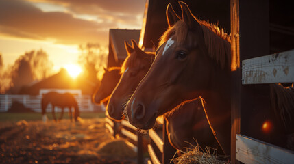Horses in the stable against the setting sun at golden hour - Powered by Adobe