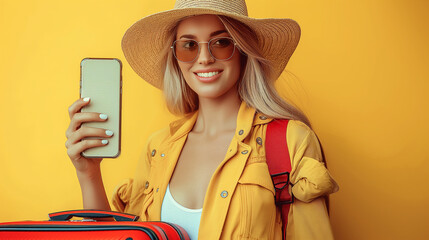 A sleek suitcase, paired with trendy sunglasses and a stylish hat. Perfect for globetrotters aiming to make a statement while jet-setting around the world. - obrazy, fototapety, plakaty