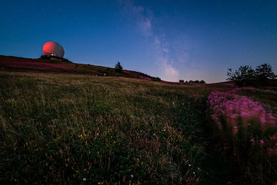 Wasserkuppe with radome at night, Milky Way, Hesse, Germany, Europe