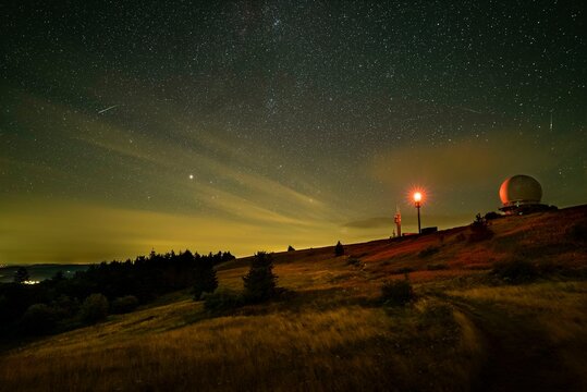 Wasserkuppe with radome at night, Hesse, Germany, Europe