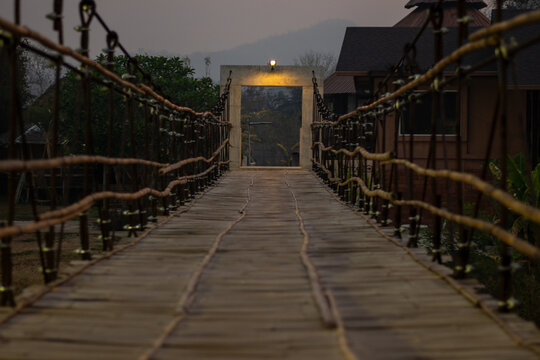 Beautiful landscape in Pai District Traditional bamboo bridge, Pai River, Mae Hong Son, Thailand