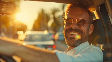 transport, vehicle and people concept - smiling man or driver driving car in summer - obrazy, fototapety, plakaty