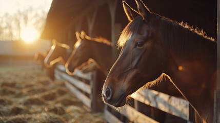 Horses in the stable against the setting sun at golden hour - obrazy, fototapety, plakaty