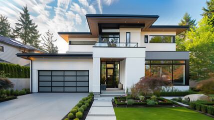 Fototapeta na wymiar Modern residence exterior with garage for real estate.