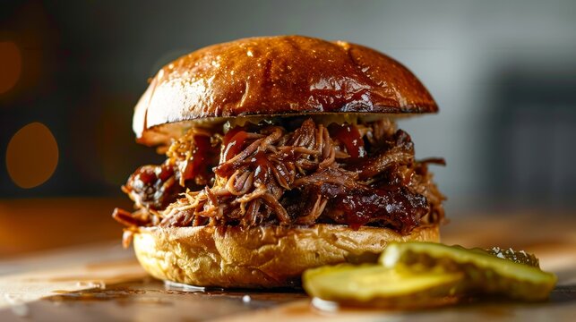 A delectable pulled pork burger, perfectly cooked and presented, evoking hunger and satisfaction