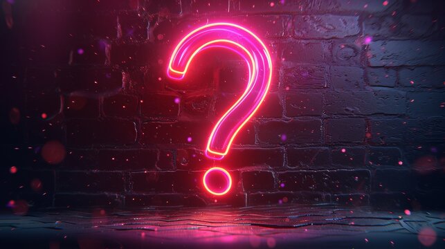 A neon question mark sign on a brick wall, AI