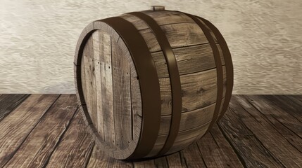 A wooden barrel on a wood floor with some kind of handle, AI