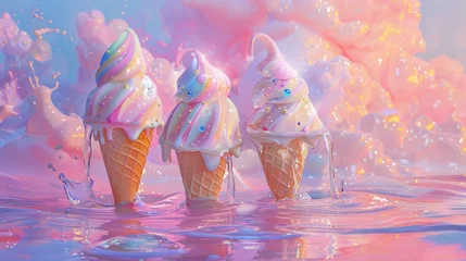 Foto auf Alu-Dibond Three ice cream cones are floating in a pool of water, AI © starush