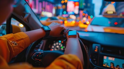 Passenger Completing Taxi Fare via Smartwatch App Amidst City Lights