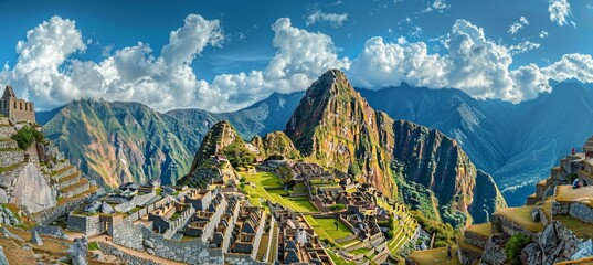 Iconic machu picchu  incan citadel on andean mountain ridge, southern peru, ancient mountain wonder - obrazy, fototapety, plakaty