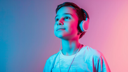 A little boy of 12 years old in headphones on a dark background with neon lighting, listening to music playing computer games - Powered by Adobe
