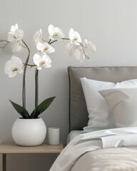 Chic Bedroom Elegance with Pristine Orchids. Generative AI.