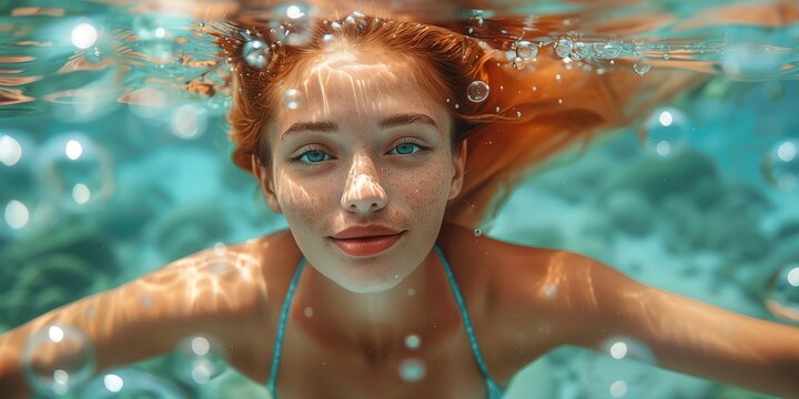 Serene underwater portrait of a young woman: tranquil image of a young woman with red hair floating gracefully underwater looking at camera