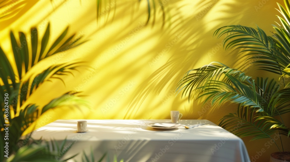 Wall mural A table with a white cloth and two cups on it, AI