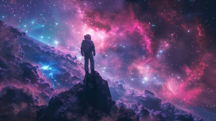 Cosmic explorer on celestial summit; lone astronaut stands atop a mountain, gazing into a vividly colorful nebula - obrazy, fototapety, plakaty