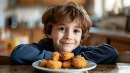 A.young boy at the kitchen table with a plate of tater tots or also known as hush puppies.