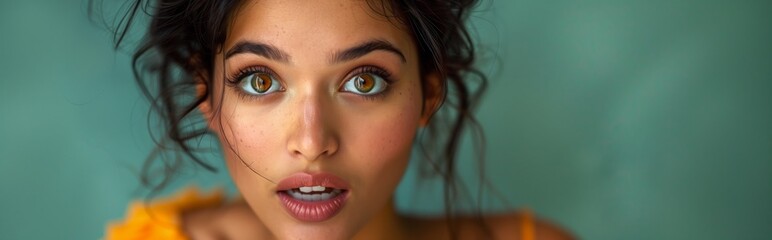 Close-up portrait of a young woman with captivating eyes. Panoramic close-up of a young woman with alluring eyes and expressive look on a teal background