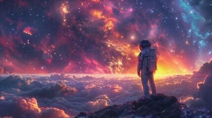 Cosmic exploration - astronaut overlooking nebula from mountain peak. Astronaut stands atop a mountain, gazing into a vibrant, star-filled nebula at sunset - obrazy, fototapety, plakaty