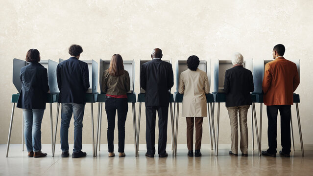 A diverse group of people standing at voting booths with space for copy