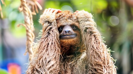 Fototapeta premium A sloth with long hair covering its face and head, AI