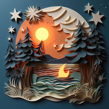 Beach campfire scene paper cut art minimalist stars and moon cozy fire glow