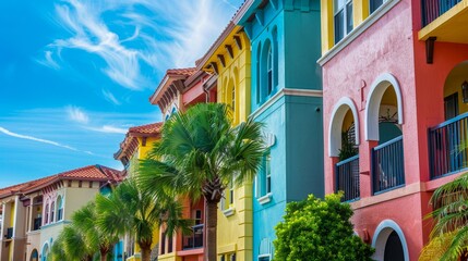 Naklejka premium Bright, colorful facades of tropical buildings lined with lush palm trees under a clear blue sky