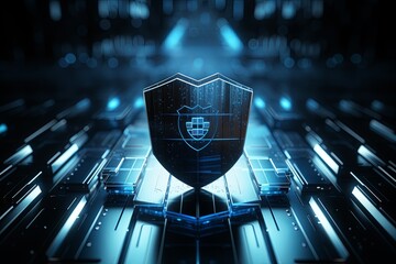 Data privacy protection shield icon on digital background dark blue and silver - obrazy, fototapety, plakaty