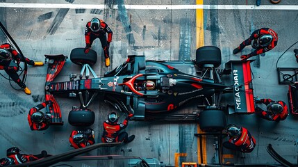 Naklejka premium Precision Pit Stop: Formula 1 Racing Car Maintenance with Technical Team