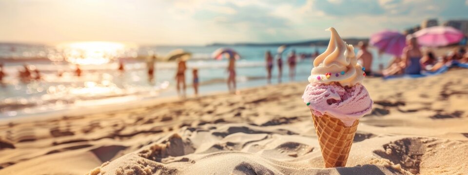 ice cream in cone sandy beach background, sunny day, outside outdoors, vacation and fun, relax and enjoy