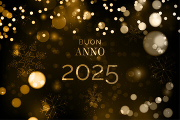 biglietto o banner per augurare un felice anno nuovo 2025 in oro su sfondo nero con cerchi dorati e bianchi con effetto bokeh - obrazy, fototapety, plakaty