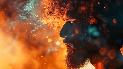 A surreal portrayal of a man's face blending with vibrant fire and colorful abstract elements