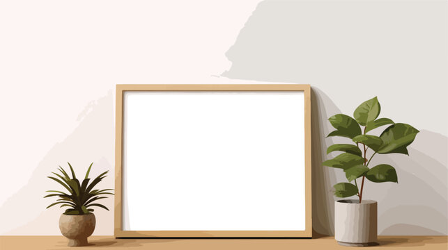 A mockup of a blank photo frame sitting on a wooden