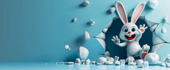 An energetic 3D bunny breaks through a vivid blue wall with dynamic debris and pills flying, indicating surprise and allure - obrazy, fototapety, plakaty