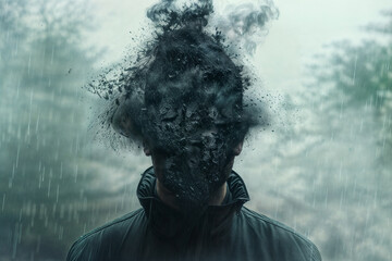 Artistic image of a person with a head transforming into smoke or particles against a rainy backdrop - obrazy, fototapety, plakaty