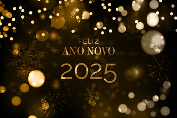cartão ou banner para desejar um feliz ano novo 2025 em ouro sobre fundo preto com círculos dourados e brancos em efeito bokeh - obrazy, fototapety, plakaty