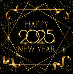 card or banner to wish a happy new year 2025 in gold in a square and two gold-colored diamonds on a black background with gold-colored sequins and streamers