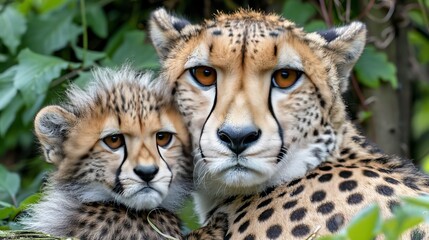 Male cheetah and cub portrait with space for text, object on right side, ideal for adding text