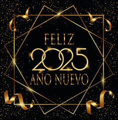 tarjeta o pancarta para desear un feliz año nuevo 2025 en oro en un cuadrado y dos diamantes dorados sobre fondo negro con lentejuelas y serpentinas doradas