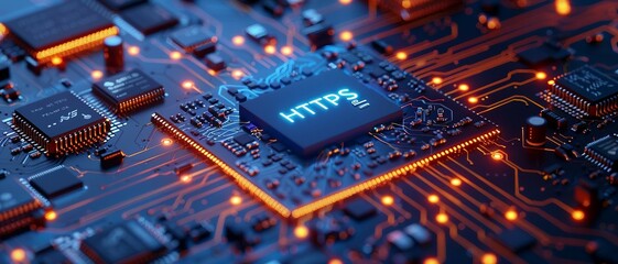 A close-up view with the acronym HTTPS displayed on a microchip, representing the concept of Hypertext Transfer Protocol Secure.
 - obrazy, fototapety, plakaty